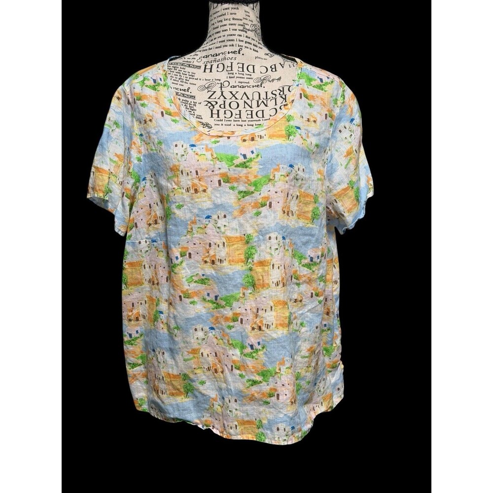 CYNTHIA ROWLEY Size 1X 100% Linen Greek Island Painting Print Top Shirt
